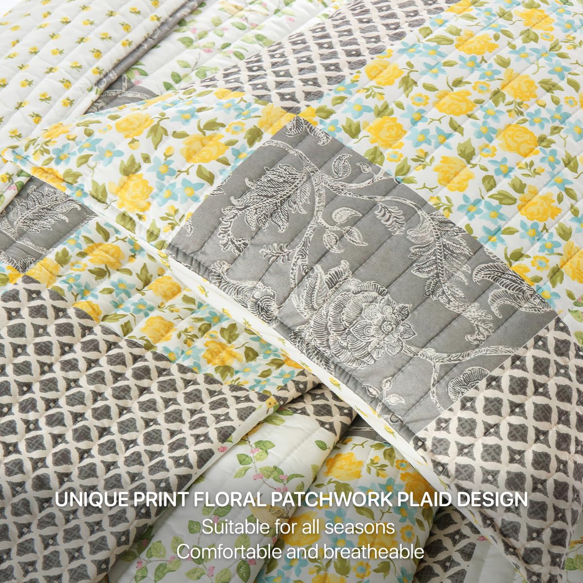 TEXSTEAD Quilt Set Queen Size Floral Patchwork Quilted, Soft Comforter Set Bedding Sets, Coverlet Bedspread Decorative Quilts with 2 Pillow Shams 90"x90"