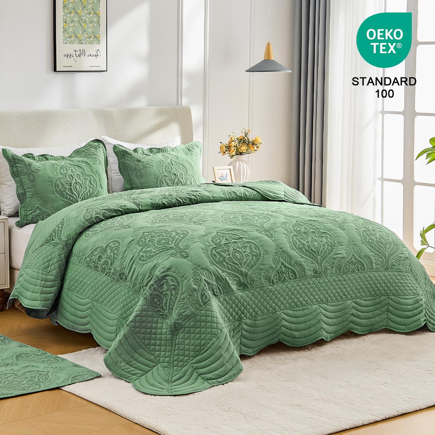 DaisyHuang Oversized Bedspread Coverlet Set King Size - Lightweight Bedding Cover - Beautiful Stitching - 4 Piece Reversible Bedspread, Olive Green