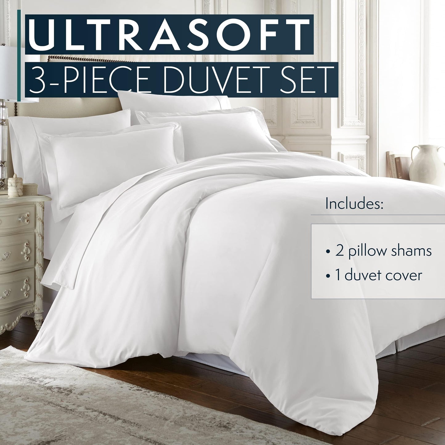 Pantrypoet King Bed Duvet Cover 104"x90", 3Pcs Soft Breathable Duvet Cover Set with Zipper Closure & 2 Pillow Shams 24"x40" (White, King (U.S. Standard))
