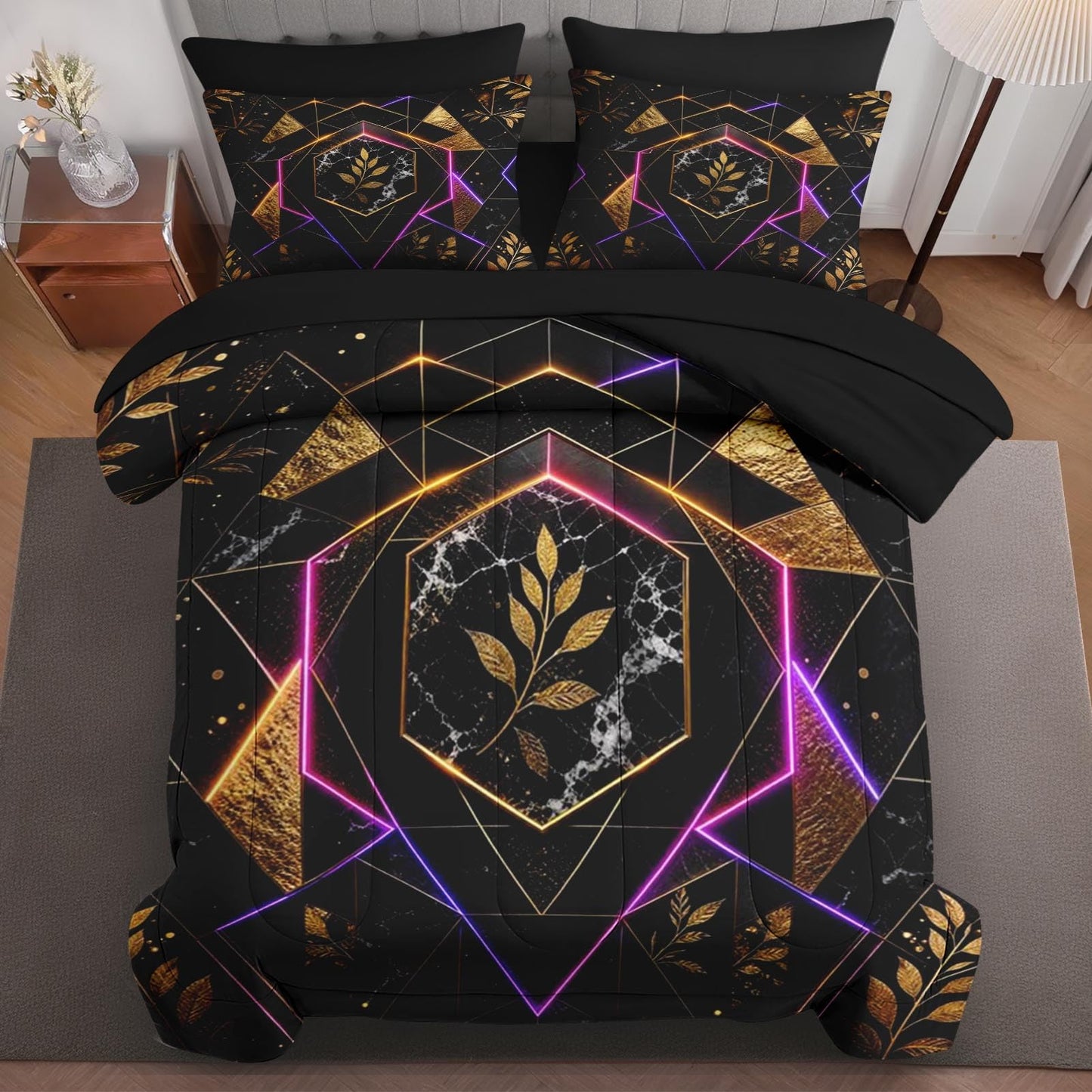 Boewywh Comforter Set Twin Size Marble Geometric Gold 7 Pcs, Bedding for Kids and Adults, Leaf Abstract Bed Sheet Sets with Fitted Sheet 2 Pillowcases & 2 Shams for Bedroom Bed Decor
