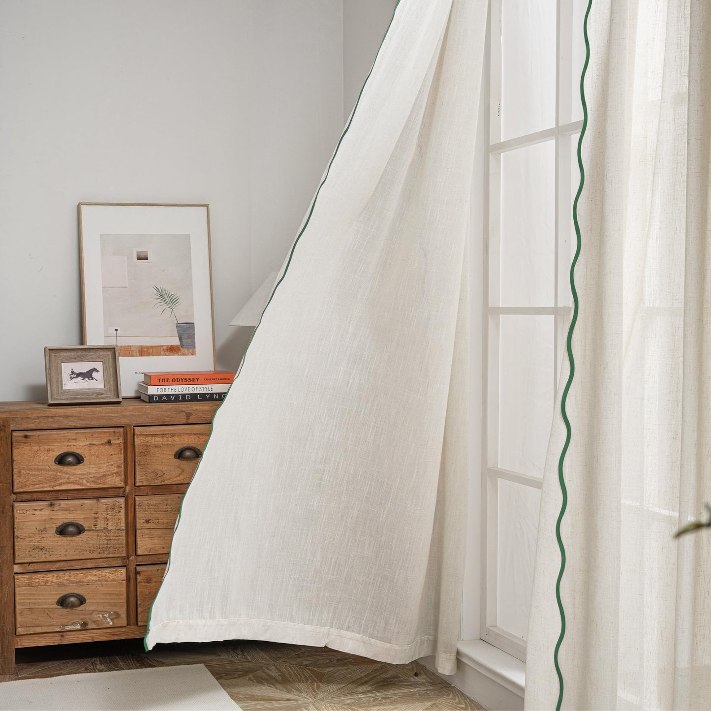 DriftAway Semi Sheer Scalloped Edge Linen Coastal Beach Window Curtains for Living Room Bedroom 2 Panels Rod Pocket Each Size 52 Inch by 96 Inch Loden Green
