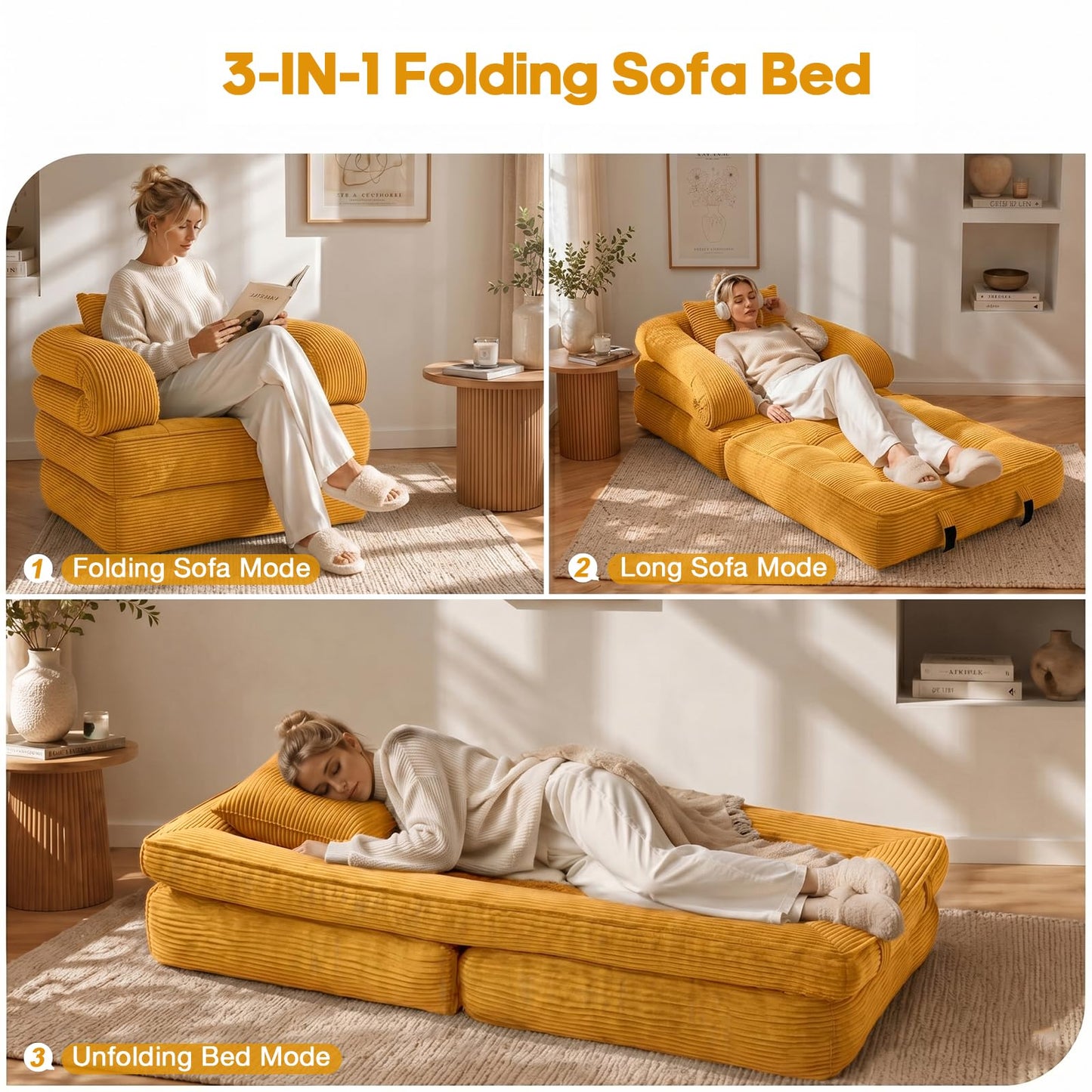 COTOSOF Folding Sofa Bed, Convertible Sleeper Chair with Armrests for Adults, Foldable Corduroy Boneless Bed, 3-in-1 Portable Futon Couch Floor Sofa with Pillow for Bedroom, Living Room, Orange