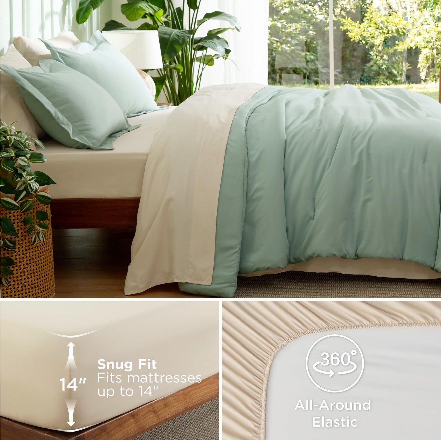 Bedsure King Size Comforter Set Sage Green, 7 Pieces Lightweight King Bedding Sets Boho, Bed in a Bag with Comforter, Sheets, Pillowcases & Shams, Contrasting Design