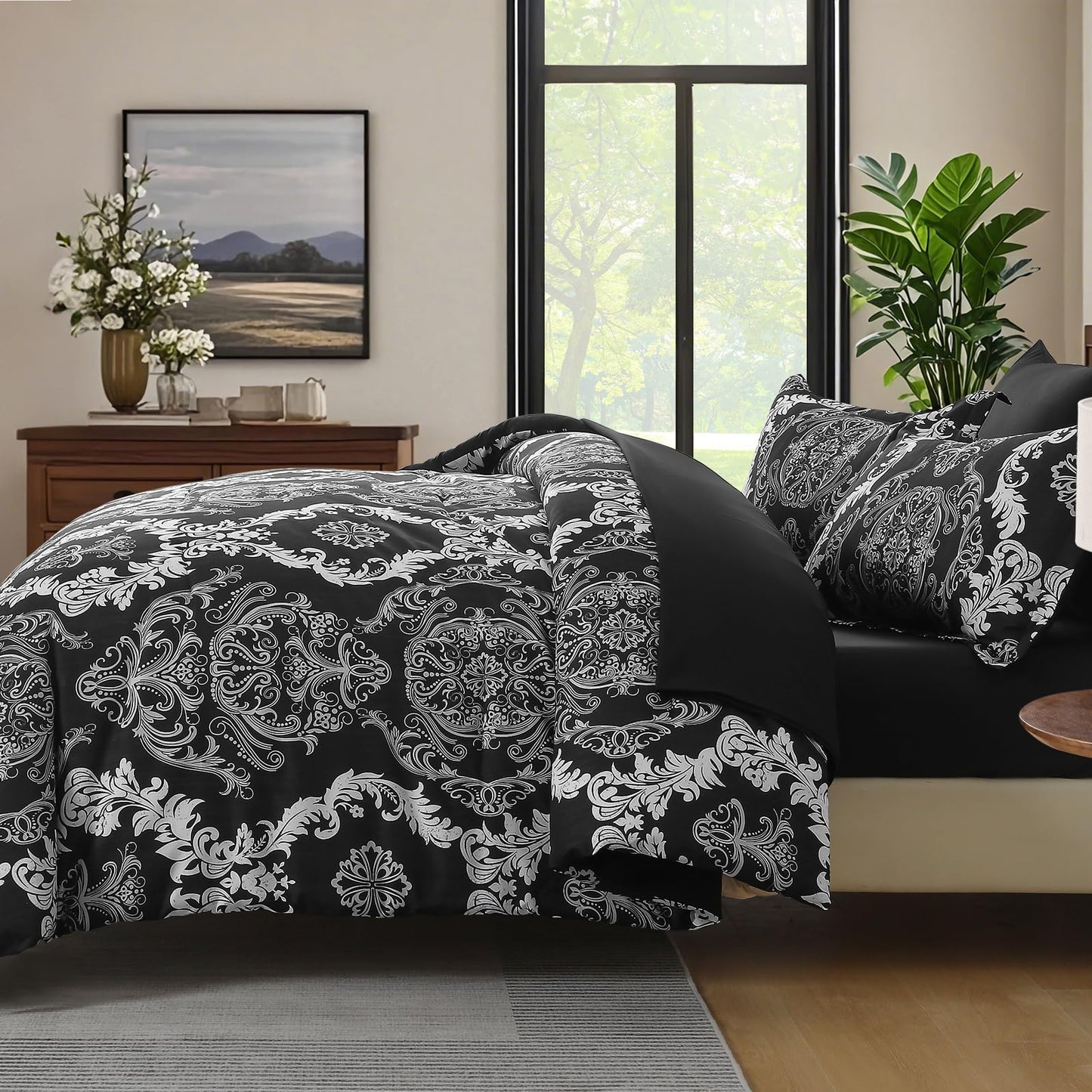 WONGS BEDDING 7 Pieces Comforter Set Queen Size, Black White Texture Bedding Set for All Season, Damask Soft and Breathable Bed in a Bag with Comforter, Flat Sheet, Fitted Sheet, Pillowcases & Shams