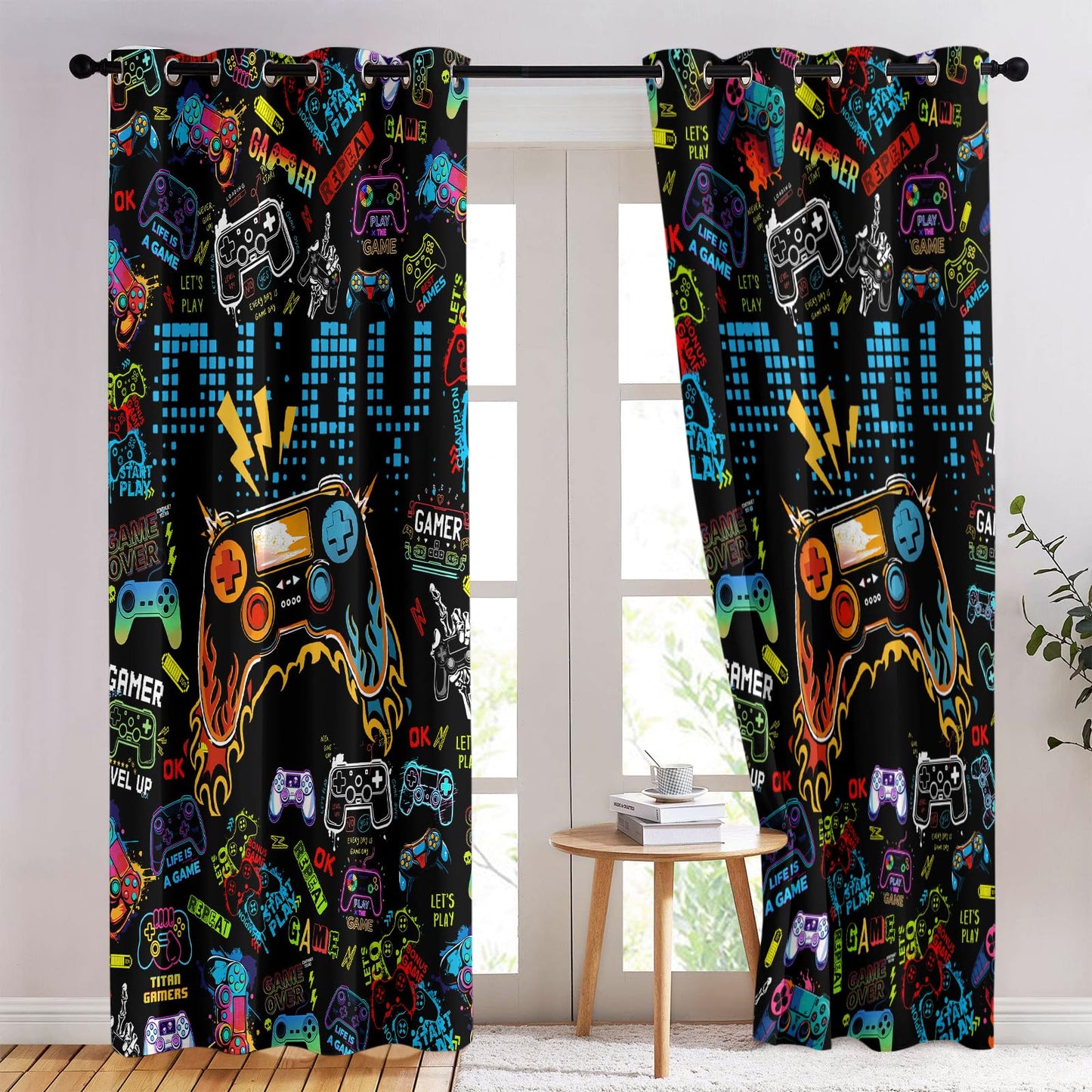 SIOQCKIS Gamepad Game Curtains for Boys Bedroom, Gaming Curtains for Boys Room, Game Controller Boy Curtain for Bedroom, 52 x 84 Inch Long 2 Panels Gamer Curtain for Kids, Video Games Window Decor