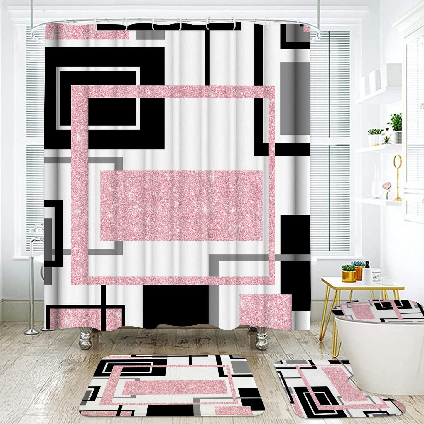 Onalasyc 4Pcs Pink Geometric Shower Curtain with Rugs Set Waterproof Pink Bathroom Sets with Shower Curtain and Rugs Abstract Geometric Modern Bathroom Curtains Shower Set with 12 pcs Hooks