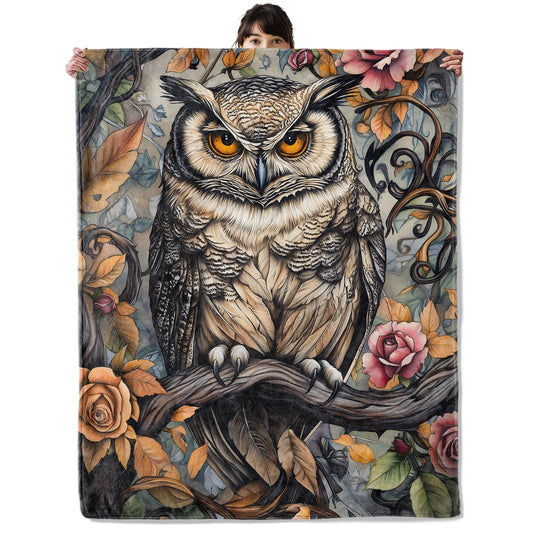 onlcuk Retro Owl Rose Blanket, Cozy Flannel Vintage Flower Animal Blankets, All Season Soft Throw for Travel Home Decor, Lightweight Sofa Bed Throws, Gifts for Women Kids Floral Lovers, 50"×60"