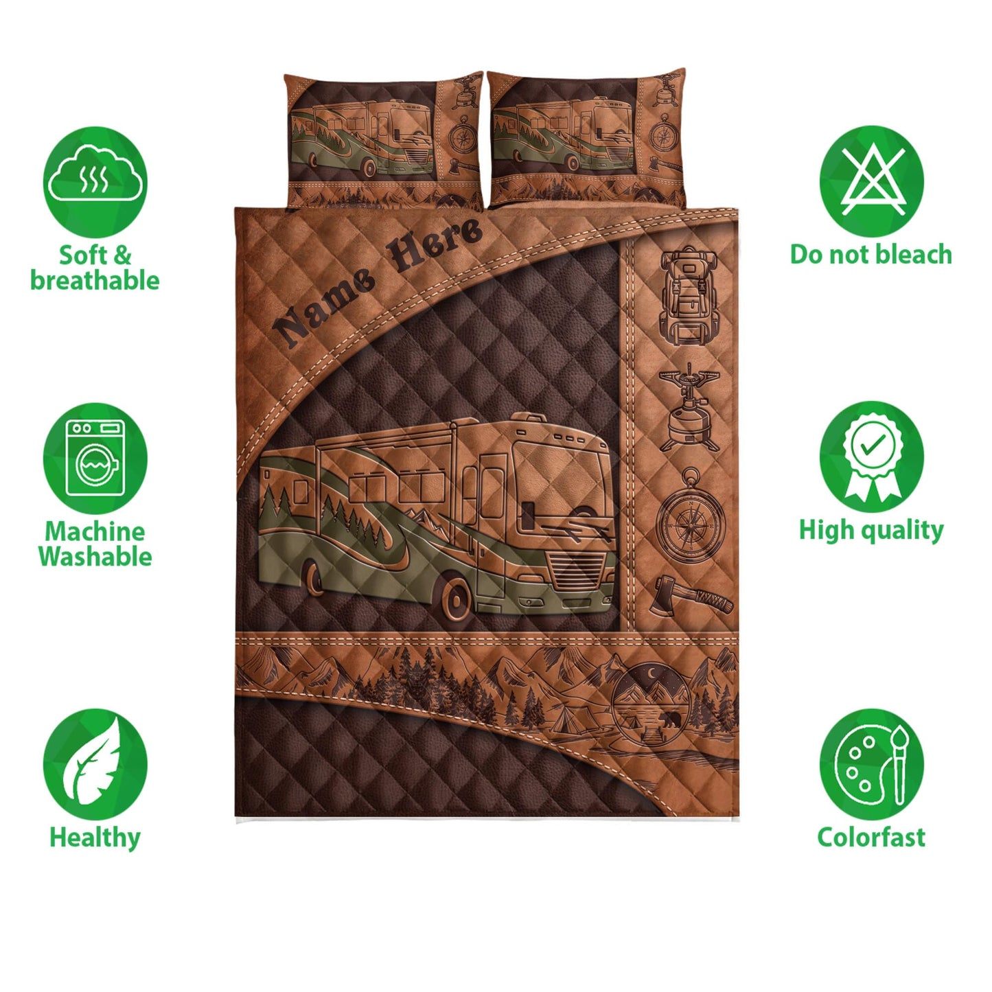 OhaPrints Custom Camping Lover Camper Class A Brown Gift Personalized Name Quilt Blanket & Pillowcases, Quilts Bedding Set & Pillow Cover, King Queen Double Twin Throw Full Size Bedspread Bed Sets