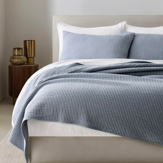 EVERGRACEHOME Cotton Coverlet Set Full Queen Size 3 Pieces, Lightweight Soft Ribbed Matelassé Bedspread Quilt Set, Cozy Oversized Quilted Bedding Set with 2 Pillow Shams for All Seasons, Blue Linen