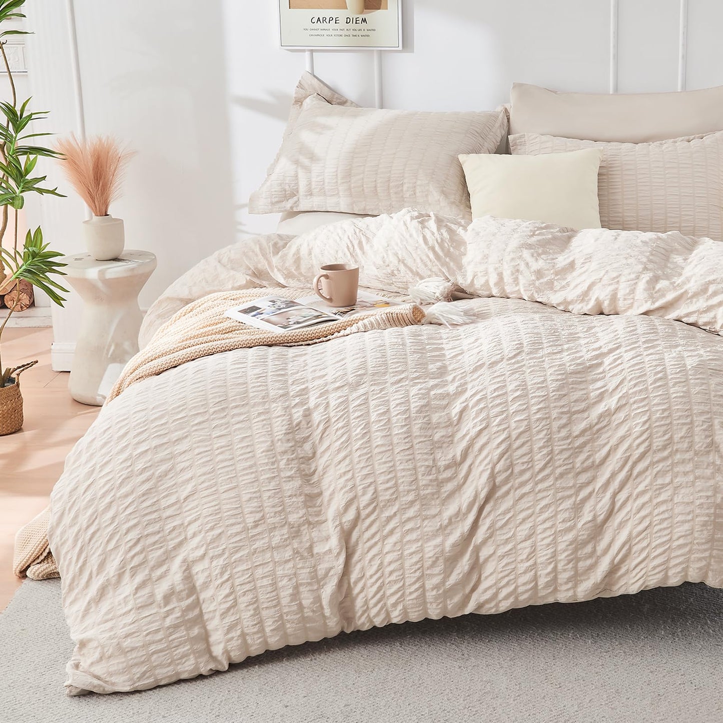 HYMOKEGE Beige Full Size Comforter Sets Seersucker 7 Pieces, All Season Luxury Bed in a Bag for Bedroom, Bedding Set with Comforters, Sheets, Pillowcases & Shams