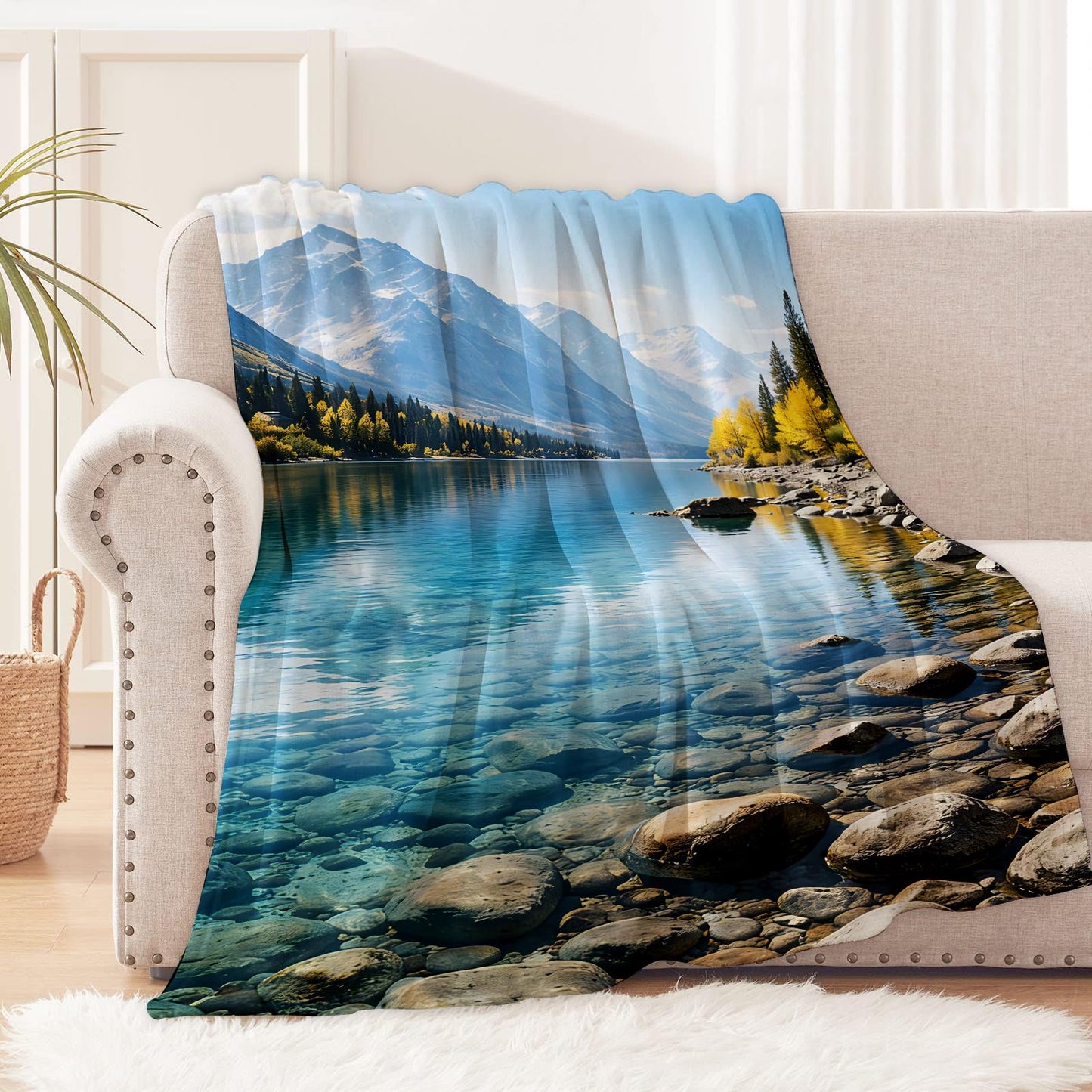 cromcu Mountain Lake Landscape Throw Blanket for Nature and Outdoor Lovers, Forest and Clear Water Art Flannel Throws Blankets, Peaceful Gifts, Soft Warm Cozy for Sofa Couch Bed Home Decor 60" x 50"