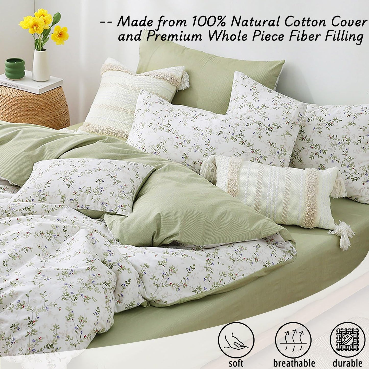 LEMIROE Botanical Cotton Comforter King Size - Tender Green Comforter Printed with Leafy Branches & Purple Stamens on Off-White,Reversible Lightweight Bedding Sets 3Pcs