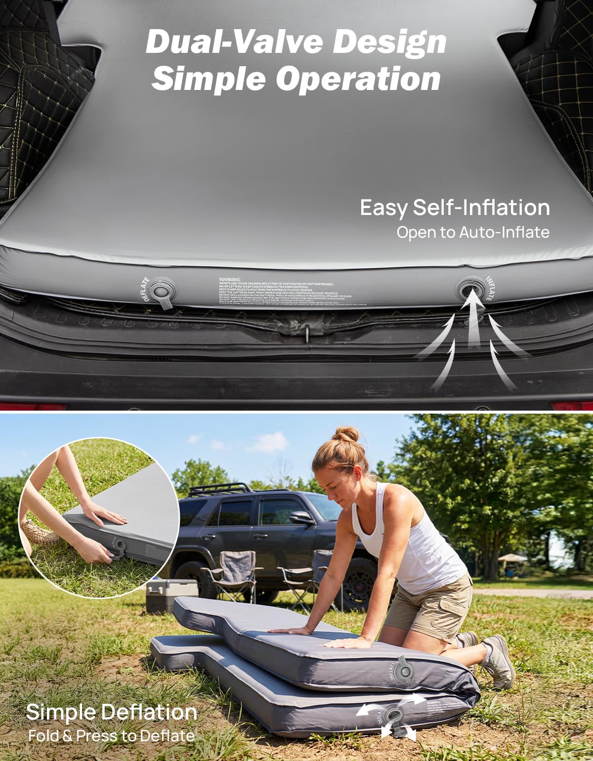 JOYTUTUS Foam & Air Camping Mattress for SUV - 4" Thickened Self-Inflating Car Bed, Wear-Resistant, Portable Sleeping Pad Fits Most Mid-to-Full Size SUV Trunks & Rear Seats, Gray