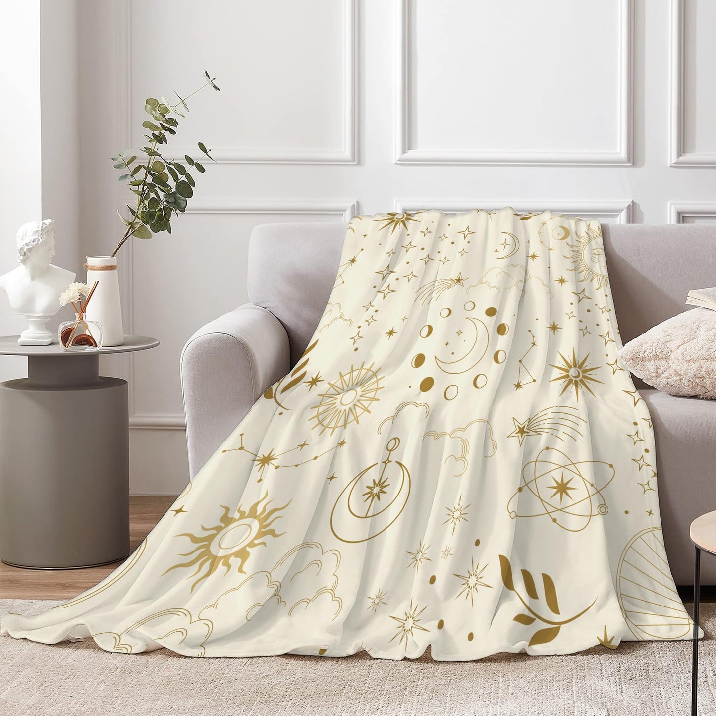 Miyotaa Celestial Constellation Astrology Blanket 50Wx60H Inch Sun Moon Phase Mysterious Beige Crescent Tarot Witchy Gift Warm Fuzzy Throw Blanket for Sofa Bed Throws Birthday Presents
