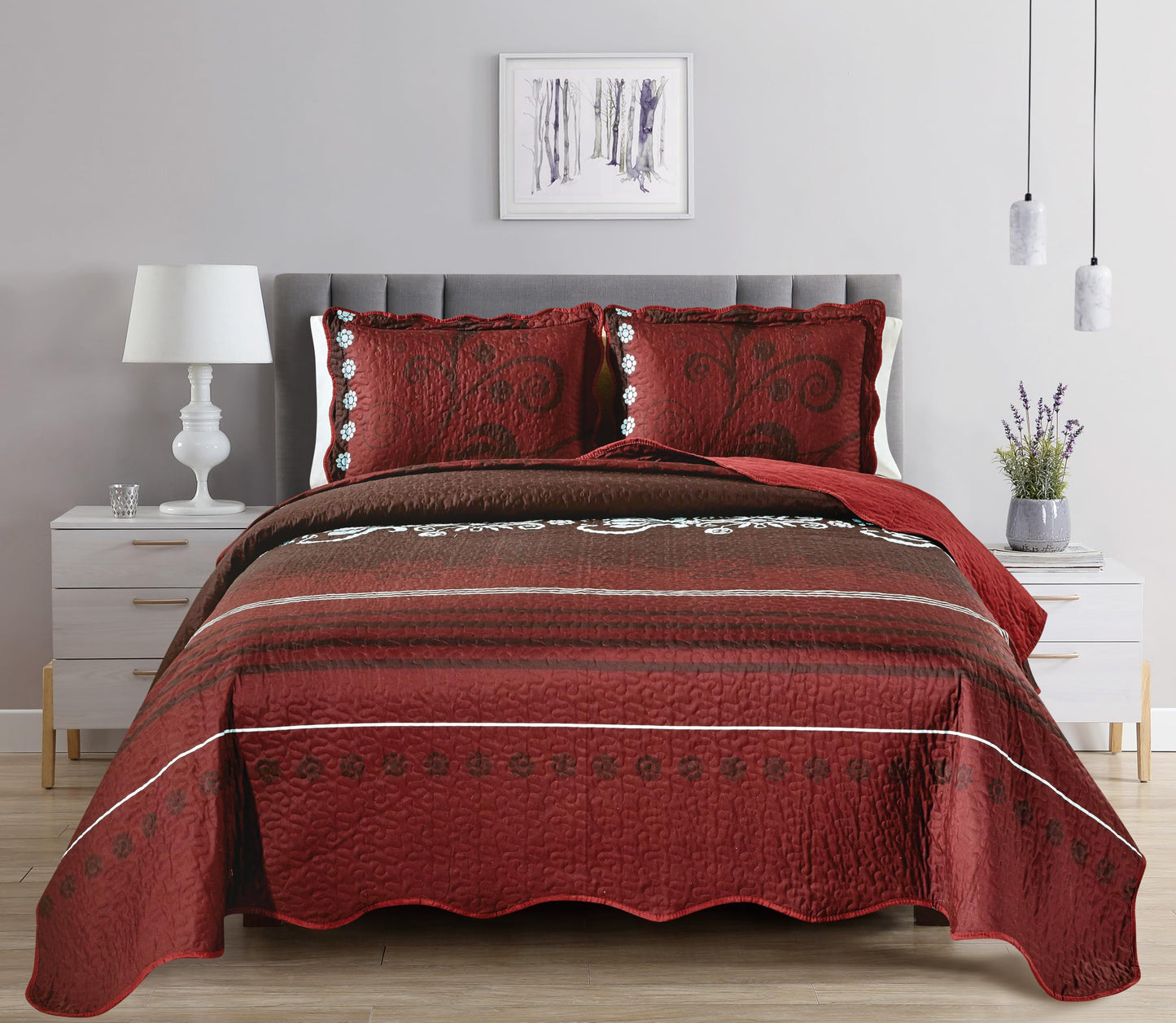 Grand Linen 3-Piece King Size Quilt Set, Red White