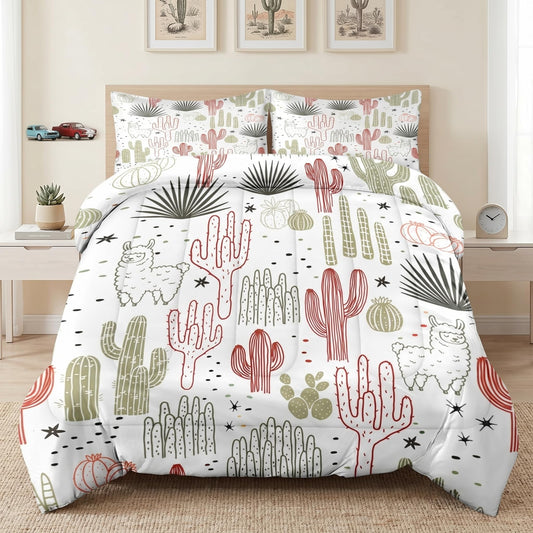 Pamnest Comforter Set Queen Size, Cactus Flower Floral Soft 3 Pcs Bedding for Kids and Adults, Mexican Vintage Ivory Comforter Set with Pillowcase, for Bedroom Bed Decor