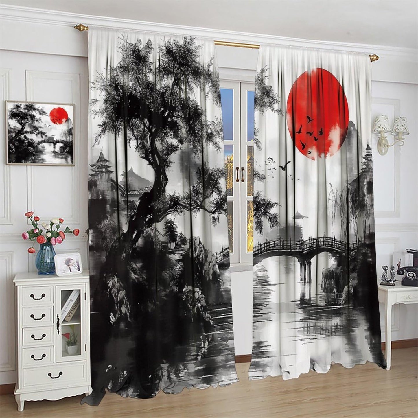 XBDDZSW Japanese Asian Curtain Watercolor Black Red Chinese Mountain Sun Tree Scenery Ink Pattern Print Bedroom Living Room Rod Pocket Window Drapes 2 Panels W42xL45 Inch Decor