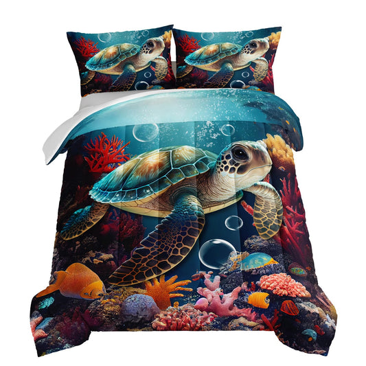 HOSIMA Nautical Bedding Set Retro Turtle Comforter Set Queen Size, Beach Bedding Set Deep Sea Coral Comforter Set for Kids Boys Girls Room Decor,Sea Life Themed Bedding with 2 Pillowcases.