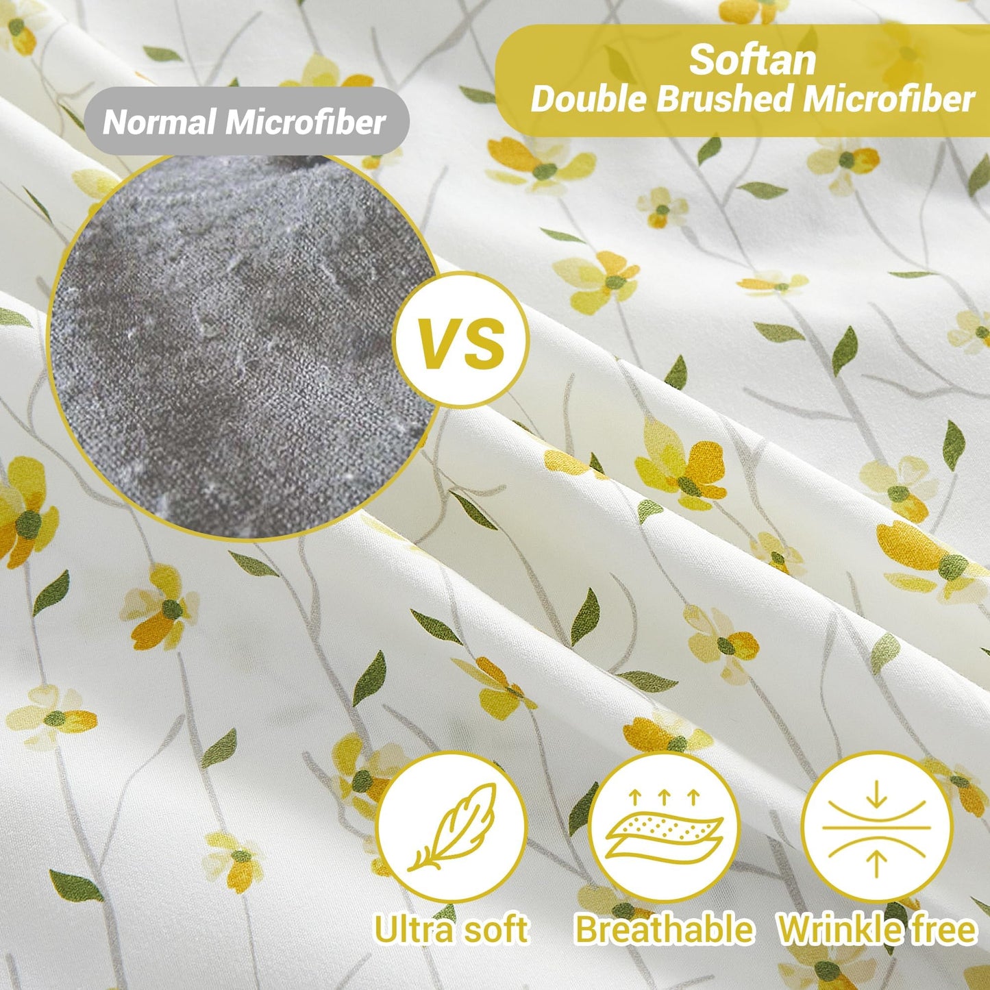 Softan King Sheet Set Yellow Floral Bed Sheets Printed Sheets - 4 Piece Soft Microfiber Patterned Fitted Sheets King with 15" Deep Pocket and Corner Straps, Cute Yellow Flower Sheets & Pillowcase Set