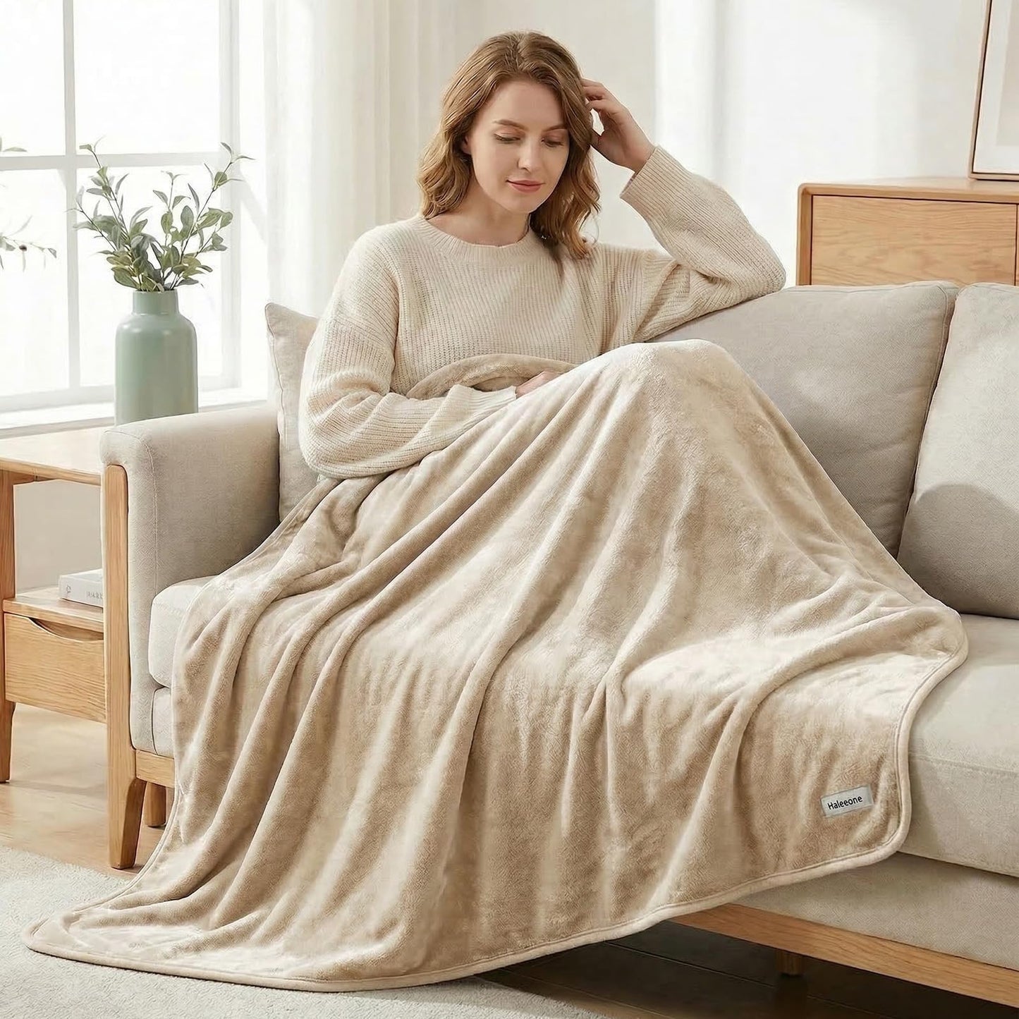Fleece Throw Blanket 50" x 70" - Soft Cozy Microfiber Plush Blanket, Lightweight Warm Throw for Couch Bed Sofa Chair, All Season Use, Beige