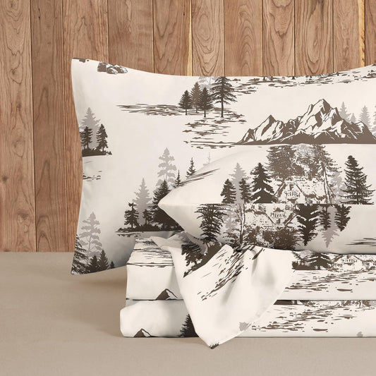 Wake In Cloud - Rustic Bed Sheets, 4-Piece Sheet Set, Cabin Forest Woodland Camping Theme with Lodge Mountain Pattern Printed Bedding, Deep Pocket, Beige Brown, Queen Size