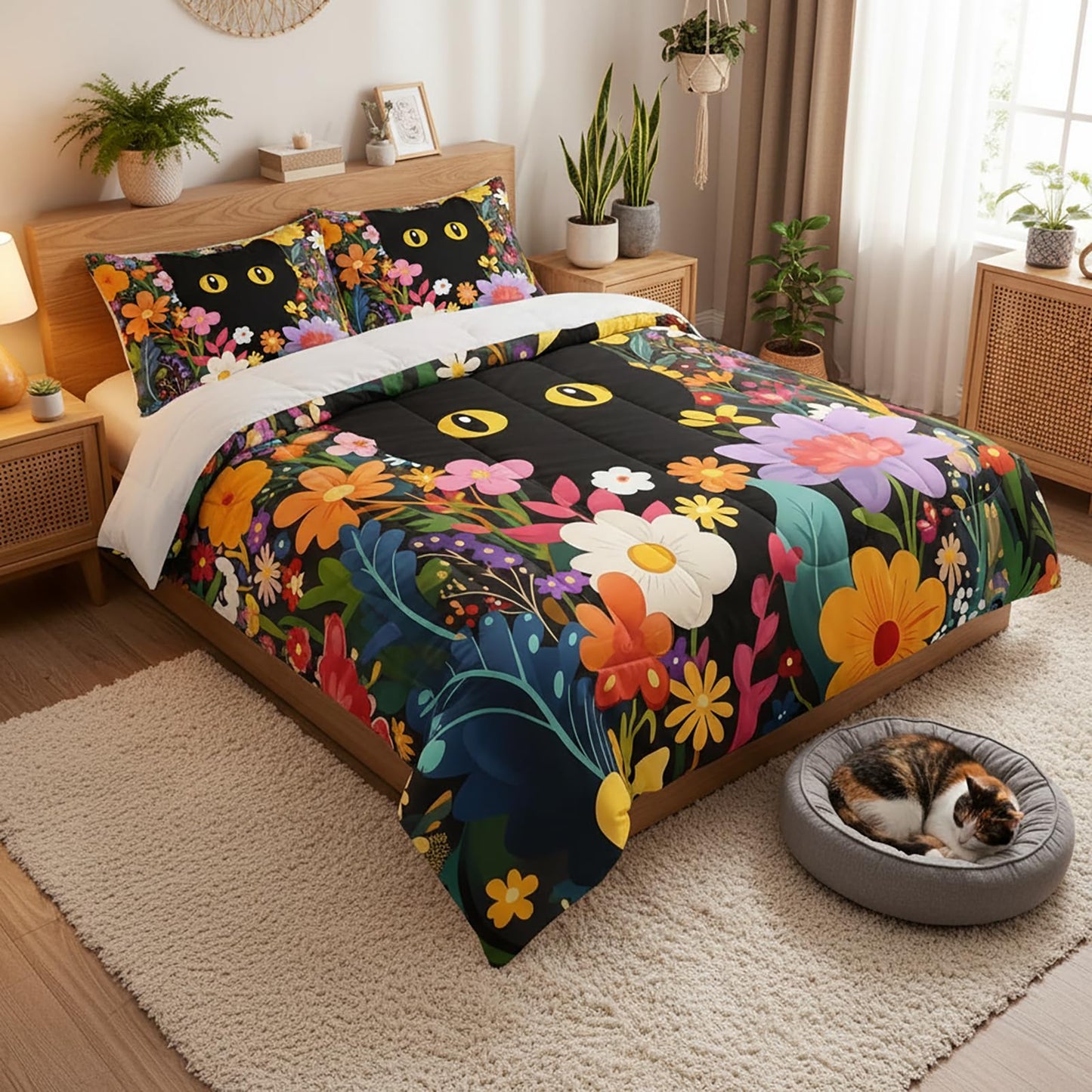 QOOMO 3Pcs Cat Comforter Set Twin,Black Cat Bedding Set for Teens Boys Girls,Floral Printed Comforter with 2 Pillowcases,Down Alternative,Soft and Lightweight