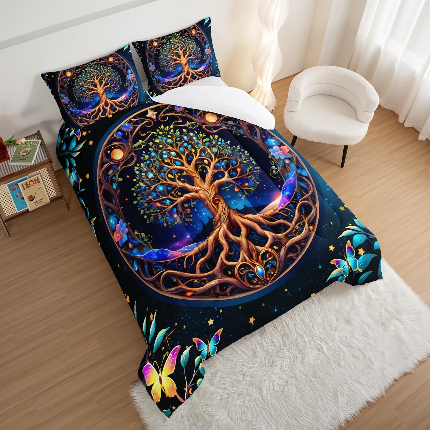 HOSIMA Tree of Life Boys Queen Size Bedding Set,Tree of Life Surrounded by Butterflies Leaves Print Galaxy Comforter for Teenage Girl Room Decor,Fluffy Aesthetic Bedding with 2 Pillowcases.