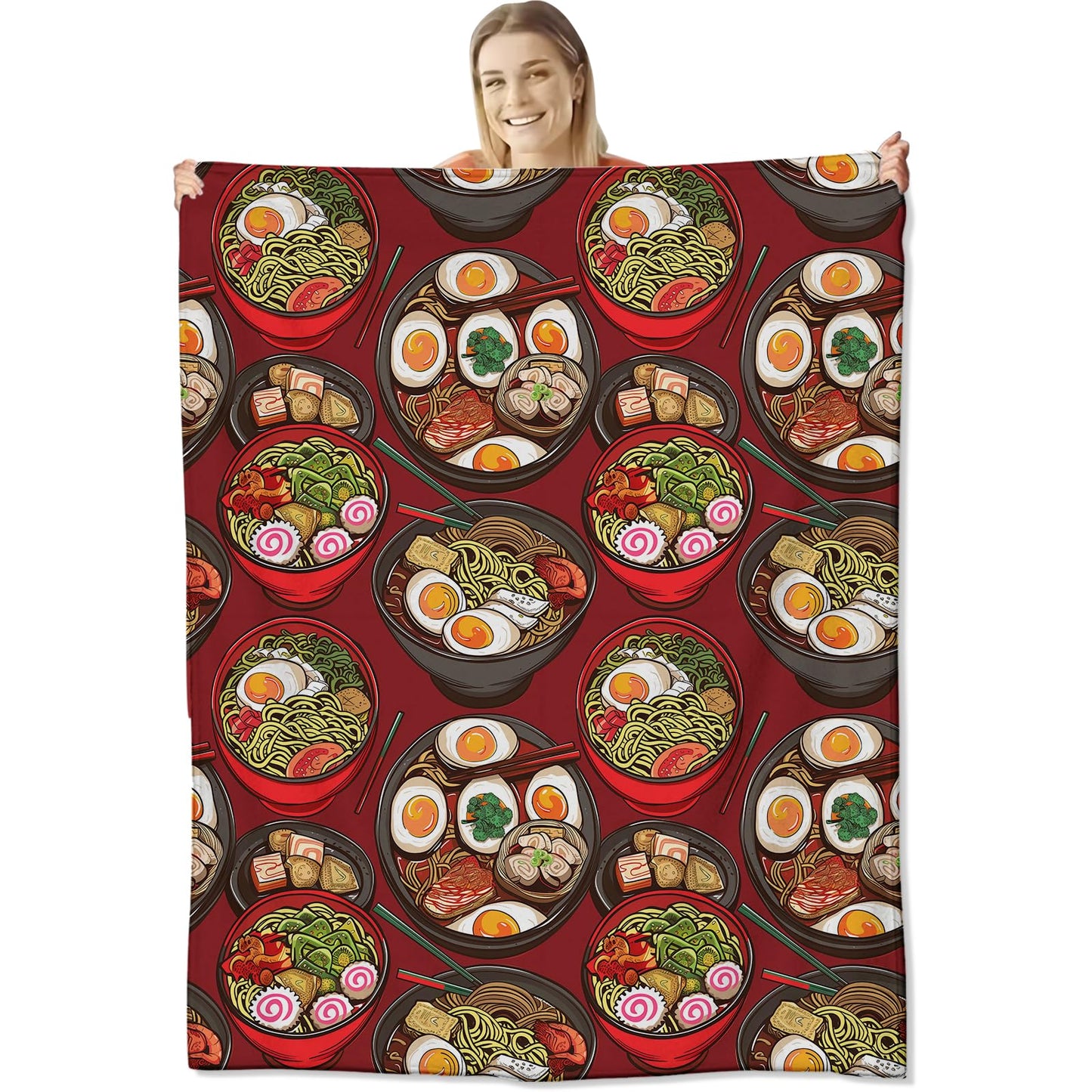 cromcu Ramen Blanket for Kids and Adults, Soft Lightweight Throw Blankets with Red Background for Sofa Bed Traveling Camping Japanese Decor Gifts, Single-Sided Printing, 50x60 Inches