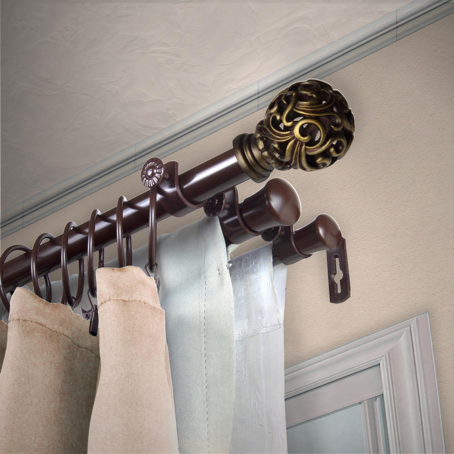 A&F Rod Décor - Baroque 13/16" Triple Curtain Rod 66-120 inch - Cocoa
