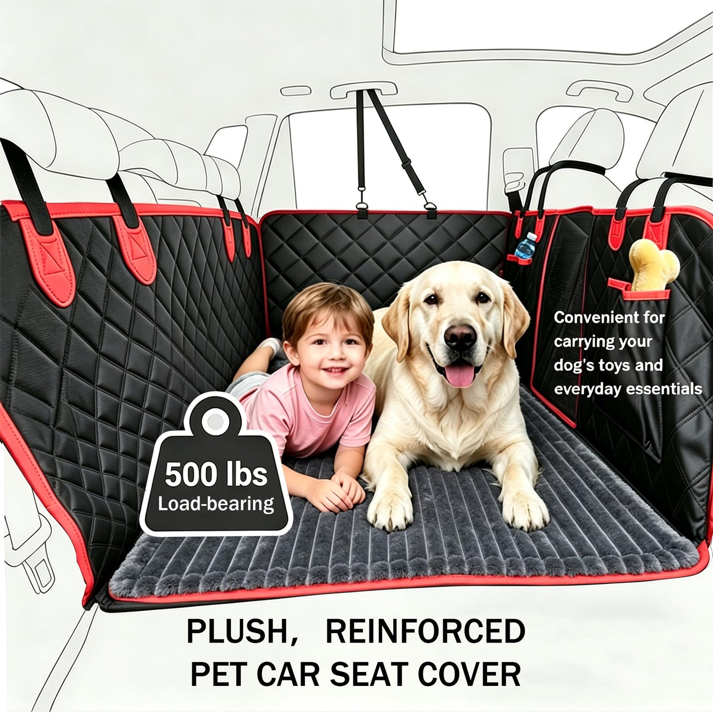 Dog Car Seat Cover for Back Seat with Soft Blankets, New Upgraded Waterproof Dog Hammock with Mesh Window, Wear-Resistant Hard Bottom Back Seat Holds 500 lbs, 66"x60"Size Fits Cars, Trucks, SUVs