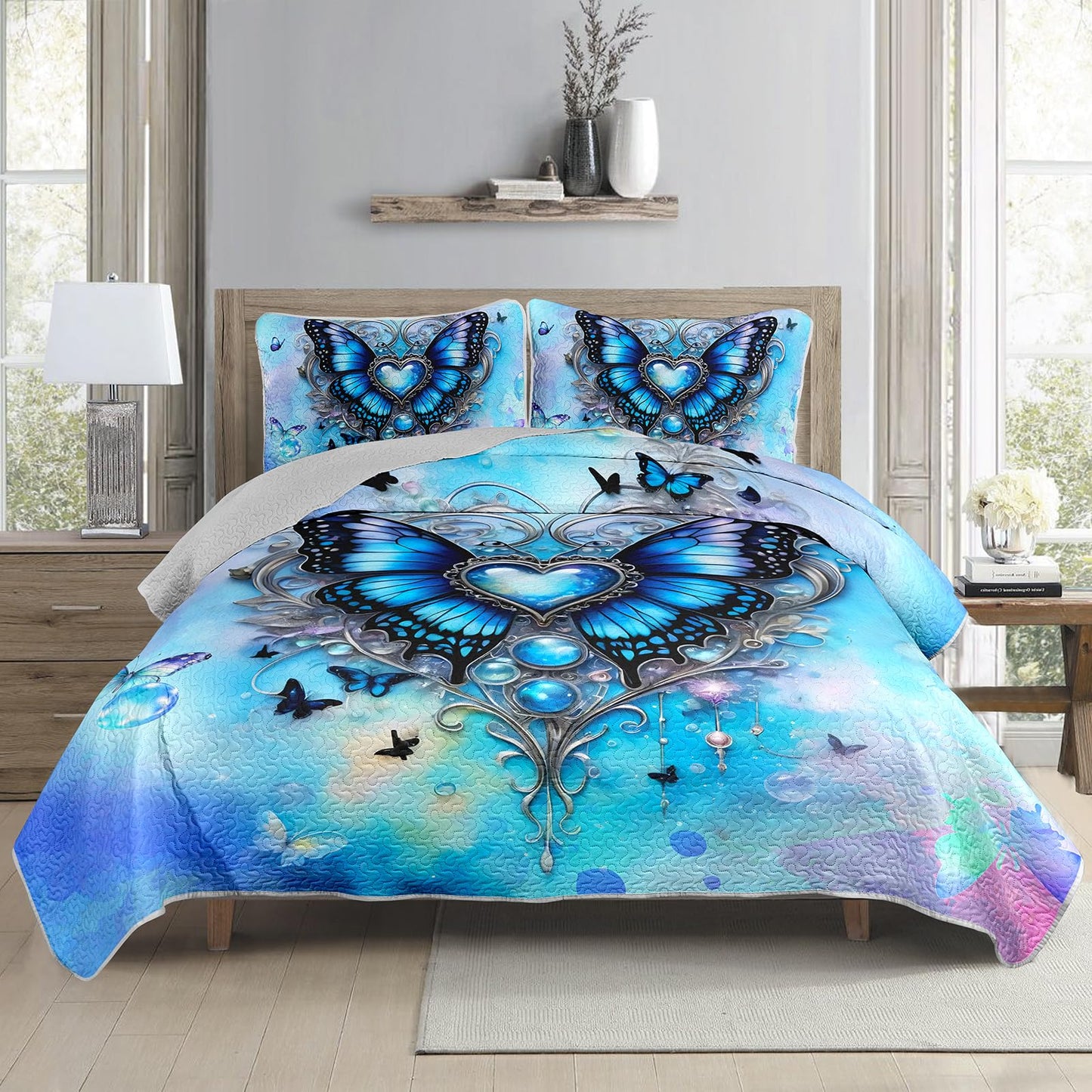 QOOMO Cartoon Butterfly Kids Quilt Set,Dreamy Bubbles Print Bedding Set Twin Size,Blue Room Decoration Soft and Lightweight for All Seasons,1 Quilt Set 2 Pillowcases