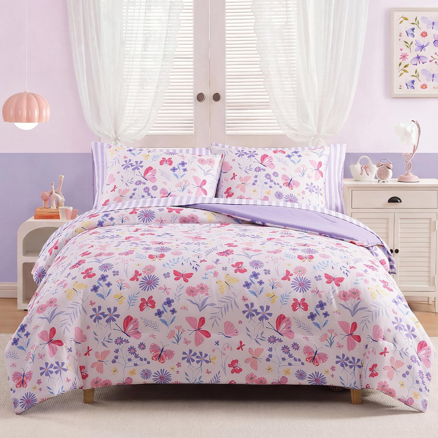 AMBERSPACE Twin XL Comforter Set for Girls, Butterfly Botanical Flowers Bedding Set, All Season Kids Bed in a Bag Dorm 5 Pieces with Sheets, Pillowcase & Sham
