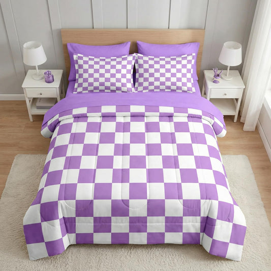 Nesker Comforter Set Full Size, Purple Plaid Gingham 7 Pcs Bedding for Kids and Adults, Checkerboard Grid Bed Sheet Sets with Fitted Sheet 2 Pillowcases & 2 Shams
