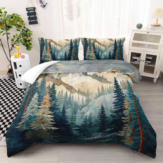 AILONEN Queen Size Comforter Set,Mountains Forest Landscape Art Bedding Set for Room Decor,Lightweight Micorifber Duvet with 2 Pillowcases,3Pcs