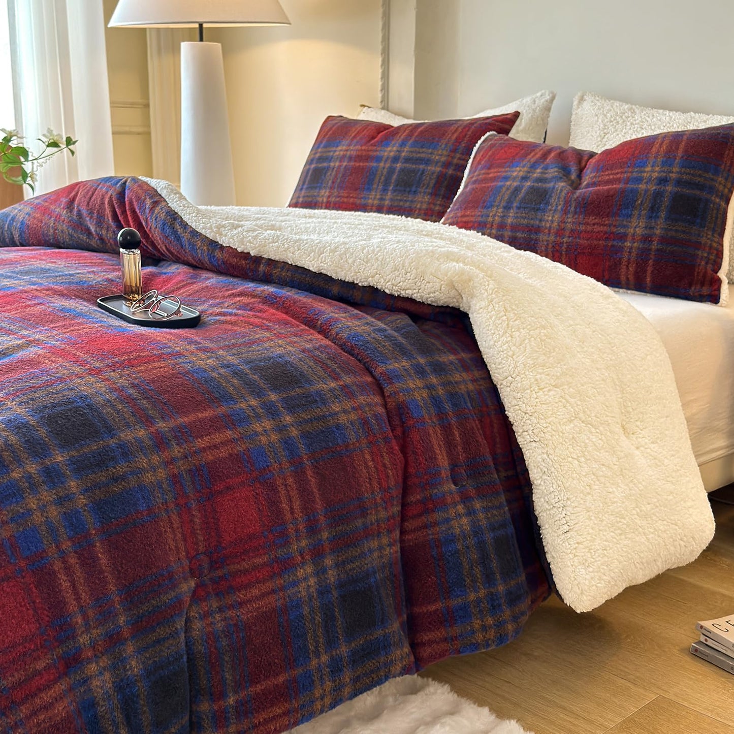 Cyusri Plaid Sherpa Comforter Set 2Pcs Fluffy Warm Fleece Down Alternative, Red Blue Grid Pattern Bedding Set with 1 Pillowcase, Twin Size 68"x90"