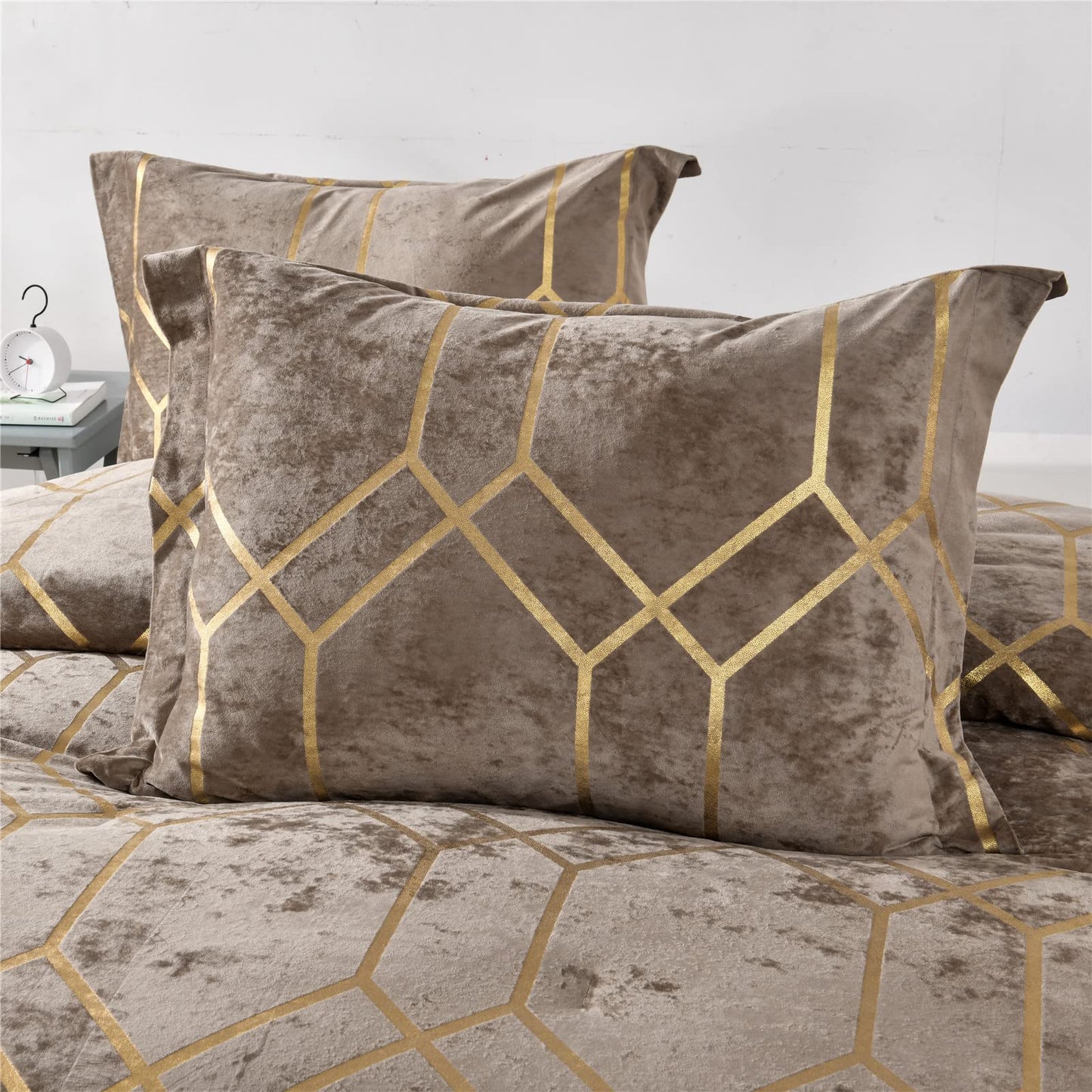 Sunshine Nicole Metallic Print Comforter Set, Distressed Velvet Face with Metallic Print and Brushed Solid Microfiber Reverse, with Light Weight Soft Poly Fill, 3 Pieces Khaki Gold, Queen