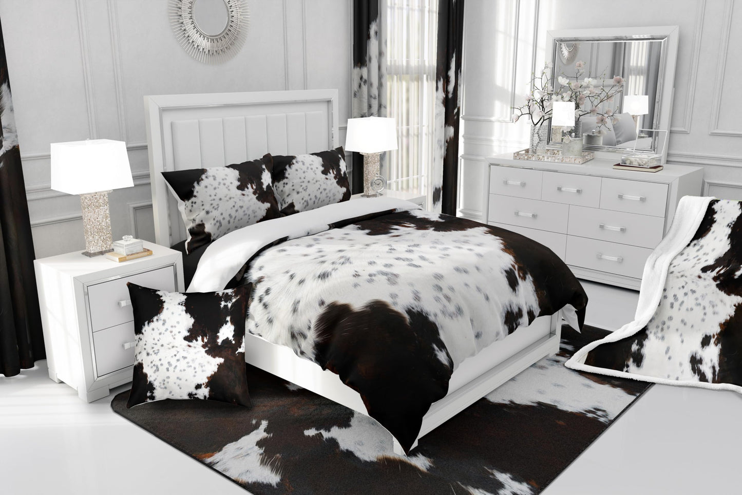 Abstract Cow Fur Print Fitted Sheet Full Size, White Brown Cowhide Print Bedding Set(No Top Sheet), Animal Skin Print Bed Cover with 2 Pillowcases, Kids Boys Girls Room Decor, Soft Polyester Bedding