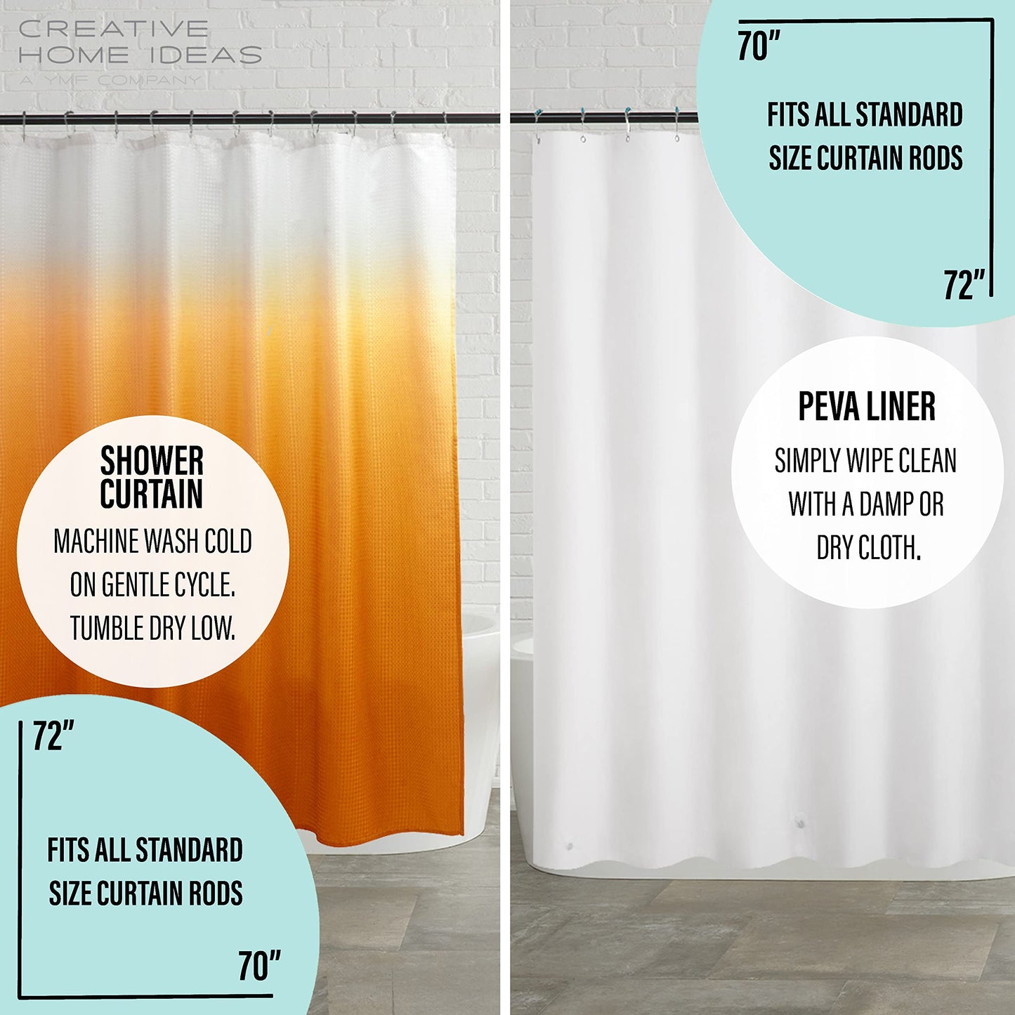 14-Piece Set, Orange 70x72 Ombre Shower Curtain, Frosted 70x72 PEVA Liner, 12 Shower Hooks
