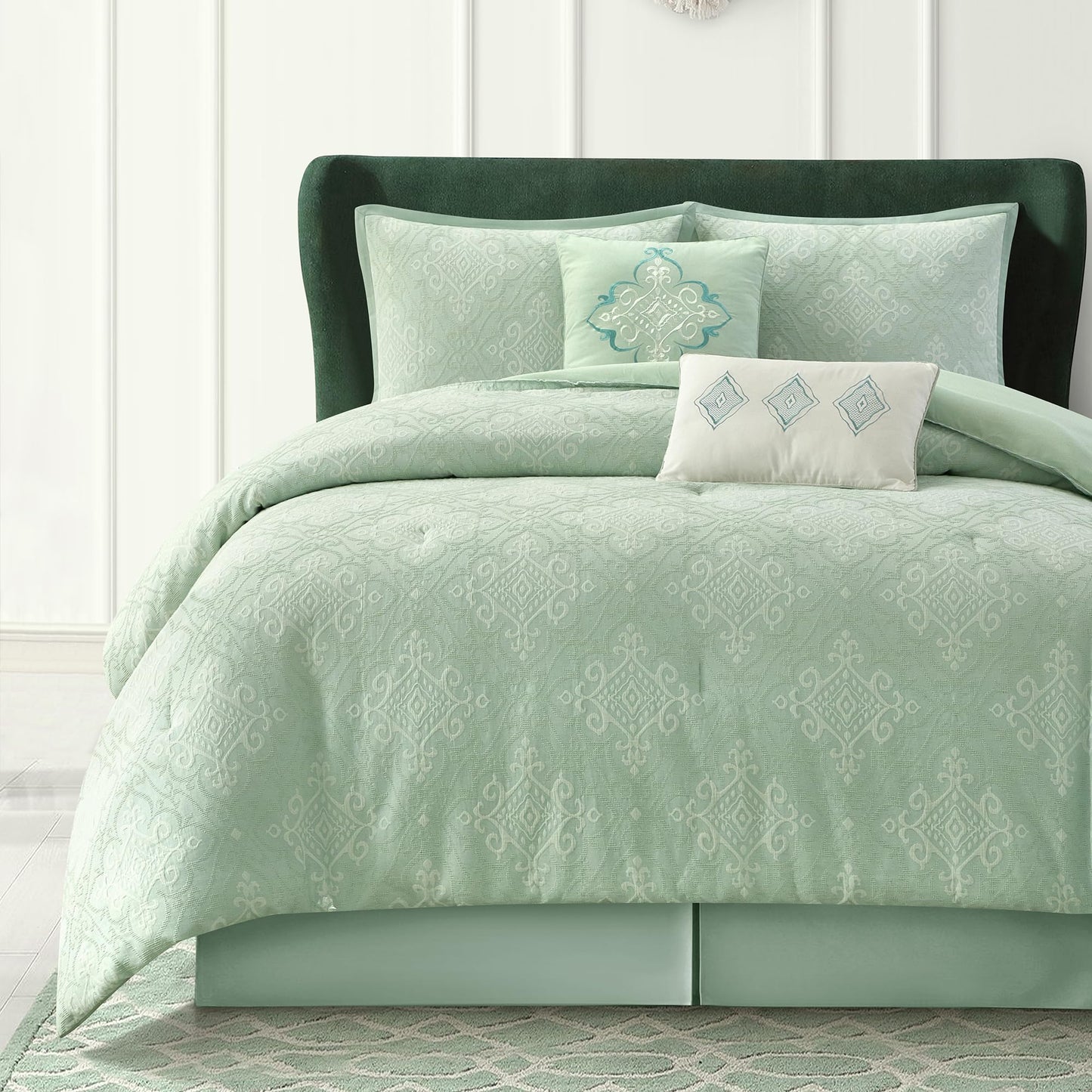 LANCO MODERN LIFESTYLE Sage Queen Comforter Set, Cotton Fabric, Luxury and Comfortable for All Seasons, 6 Pieces Bedding Set with Pillow Shams, Decorative Pillows and Bedskirt