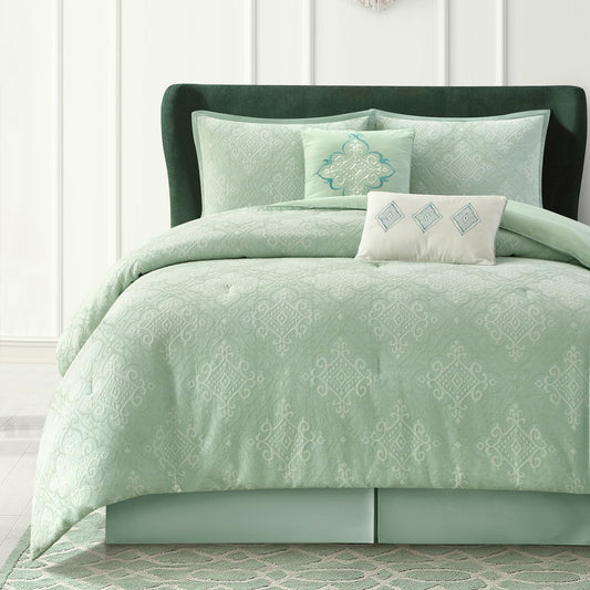 LANCO MODERN LIFESTYLE Sage Queen Comforter Set, Cotton Fabric, Luxury and Comfortable for All Seasons, 6 Pieces Bedding Set with Pillow Shams, Decorative Pillows and Bedskirt