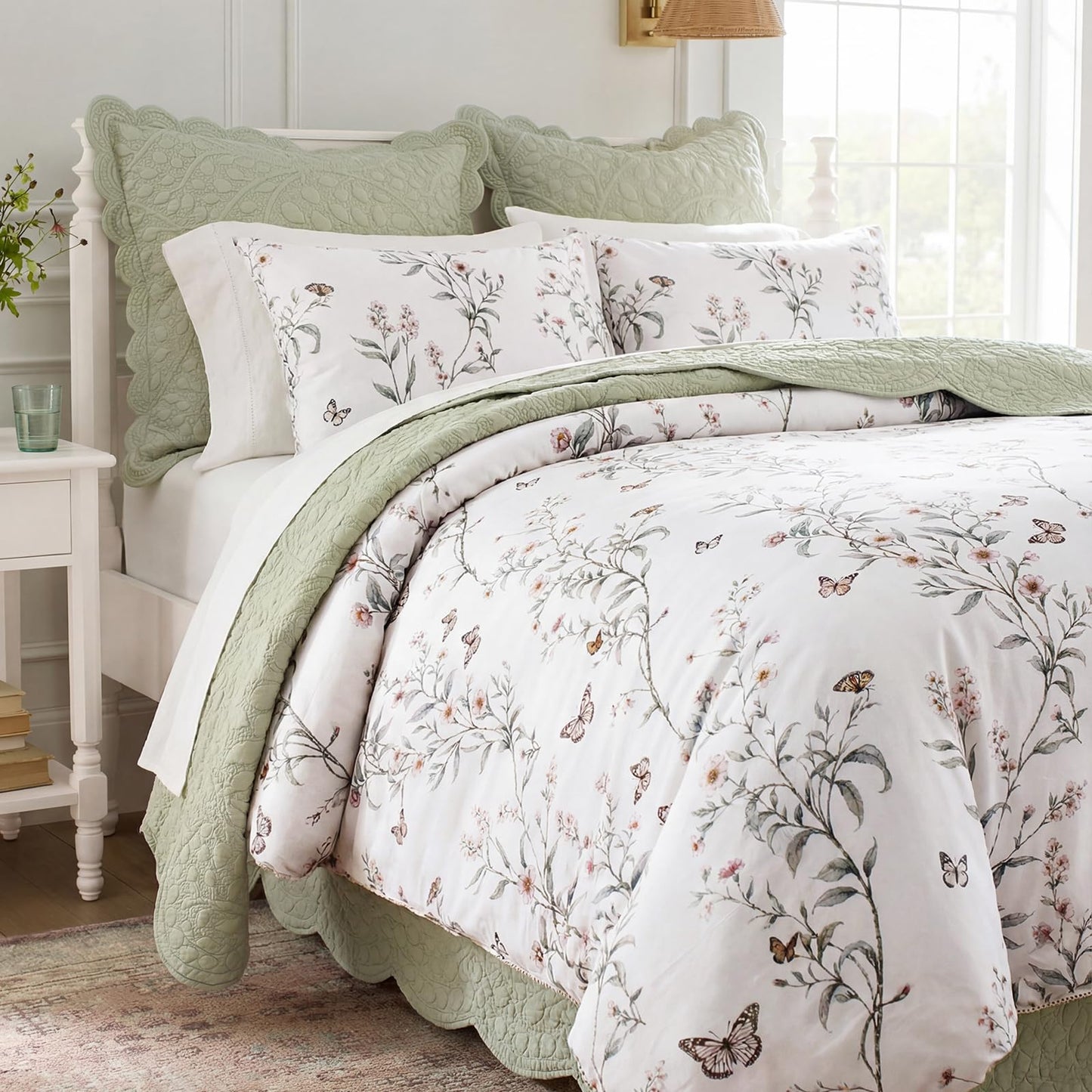 Bedorm 100% Cotton Duvet Cover Set Queen Vintage Floral Bedding Set Green Leaf Branches Flower Pattern 3 Pcs Soft Durable Duvet Cover with Zipper Closure