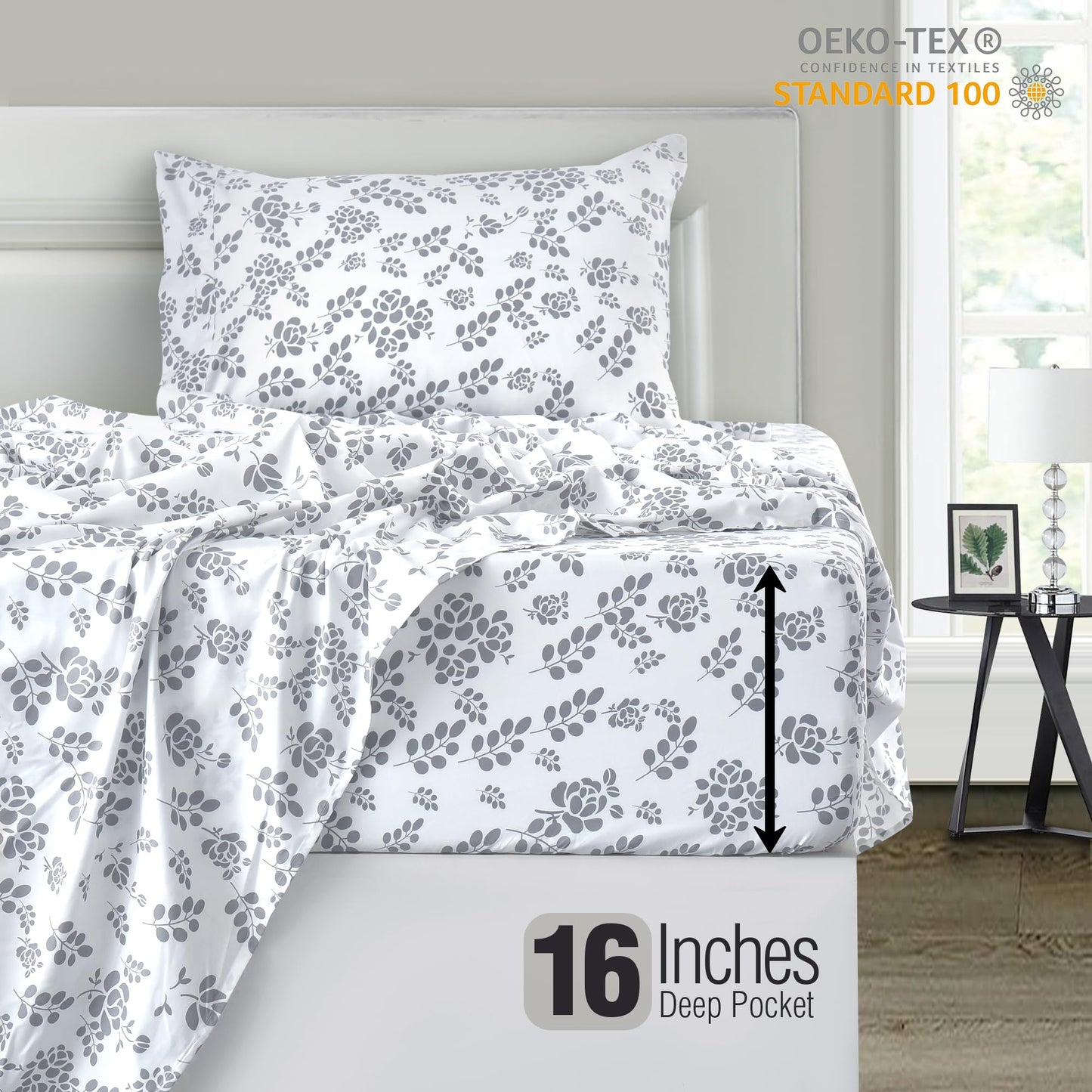 LUX Décor Floral Twin Sheet Set - 3 Piece Ultra-Soft Microfiber Bed Sheets with Flat Sheet, 16 Inches Deep Pocket Fitted Sheet & Pillowcases, Breathable, Bedroom Decor, Oeko-TEX - White Grey