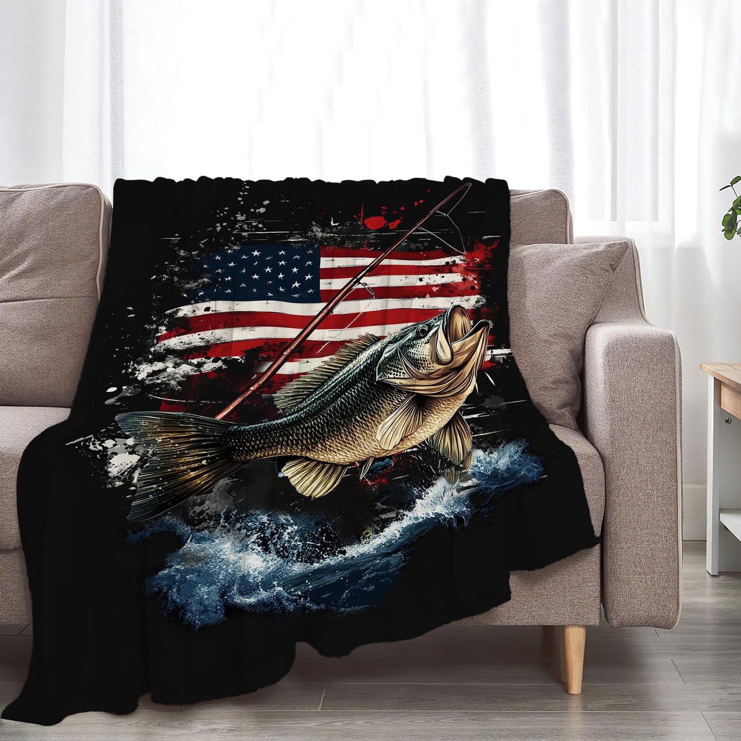 Fishing Blanket American Flag Fish Throw Blanket Soft Warm Cozy Fuzzy Plush Gifts for Girls Women Lightweight Fleece Flannel Stuff Decor Gift for Kids Adults 50"X40"