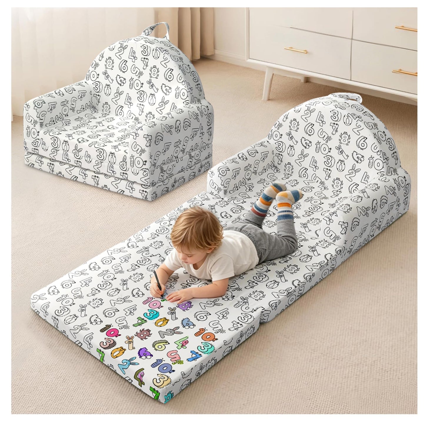 KKS KAKINNSYUU Toddler Chair & Couch, Kids Sofa 2-in-1 with Draw-On Fabric, Fold Out Convertible Foam Lounge for Playroom, Gift for Toddlers & Birthday