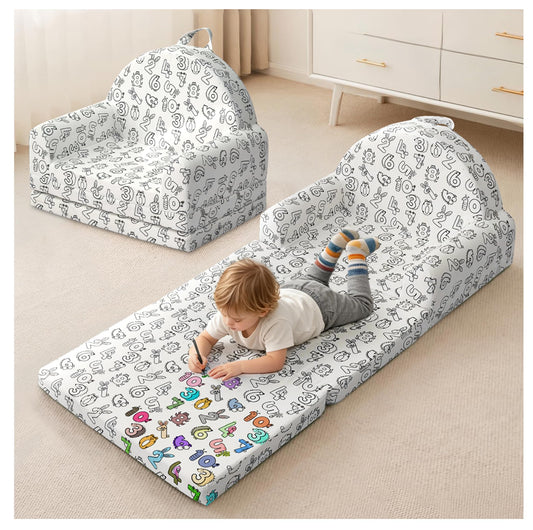 KKS KAKINNSYUU Toddler Chair & Couch, Kids Sofa 2-in-1 with Draw-On Fabric, Fold Out Convertible Foam Lounge for Playroom, Gift for Toddlers & Birthday