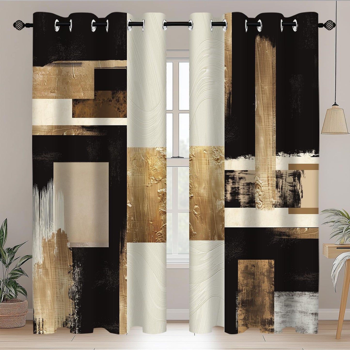 Moyrisou Boho Black Gold Abstract Blackout Curtains, Modern Oil Aesthetic Neutral Contemporary Beige Darkening Thermal Insulated Grommet Light Blocking Drape Decor, 52 x 84 Inch Long 2 Panels