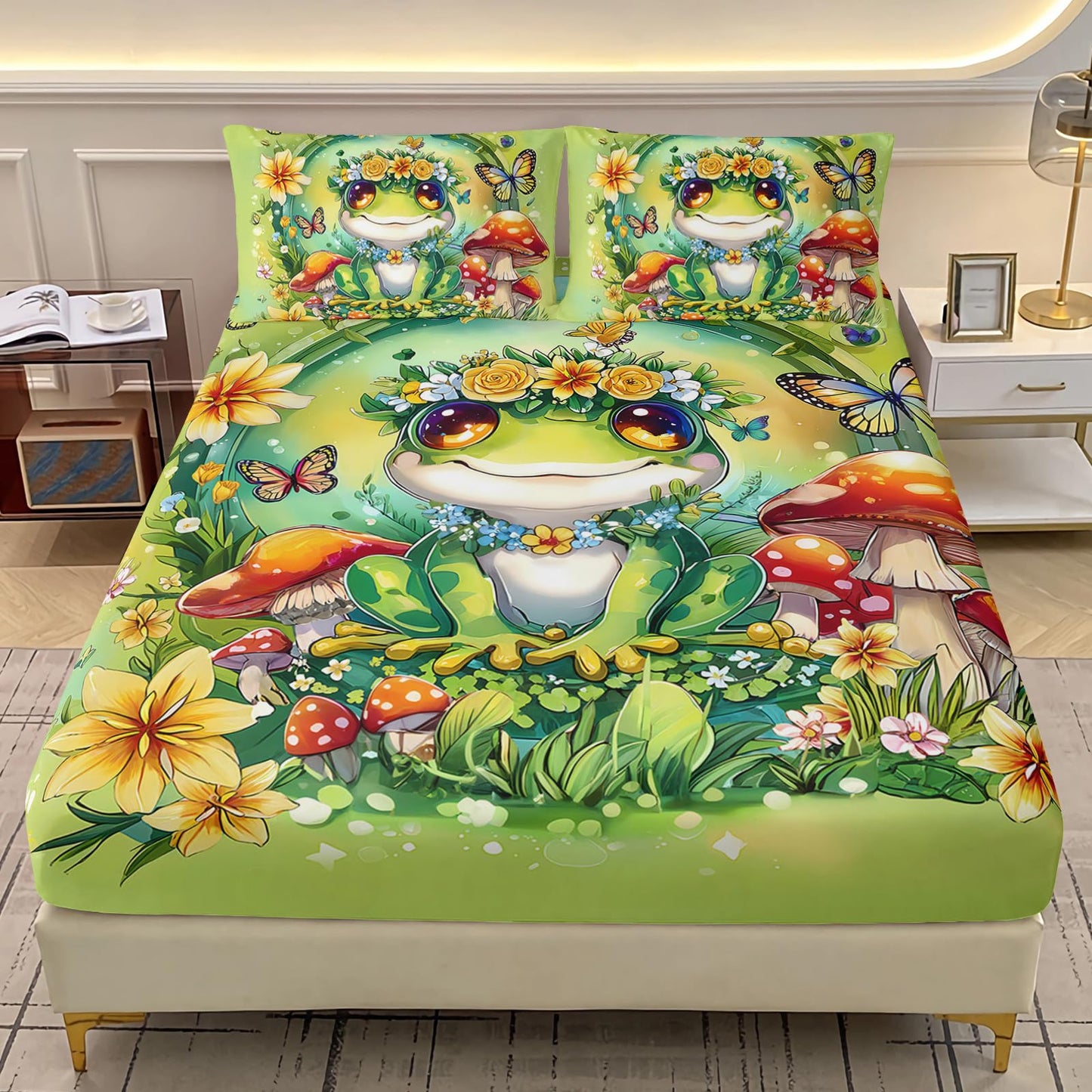 AILONEN Cartoon Green Frog Sheet Set Twin XL Size for Kids Girls Boys,Kawaii Green Wild Animals Bedding Set,Mushroom and Butterfly Bed Sheets,Super Soft Microfiber,1 Fitted Sheet and 2 Pillowcases
