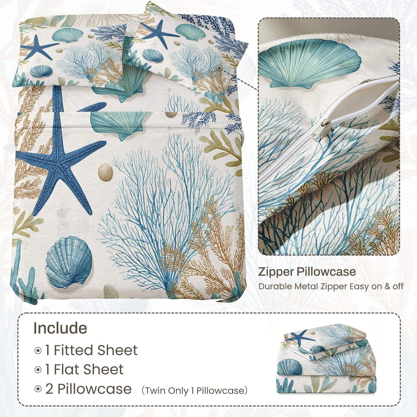 Seashell Coral Full Sheet Set 4 Pcs Coastal Bed Sheets