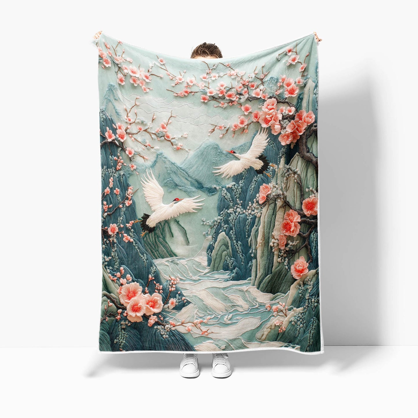 DYNH Asian Nature Landscape Crane Throw Blanket,Cherry Blossom Mountain Floral Bird Blanket for Adult Women Girls Teens, Asian Anime Plush Cozy Fuzzy Travel Blankets for Couch Bed,Multi1,50X60