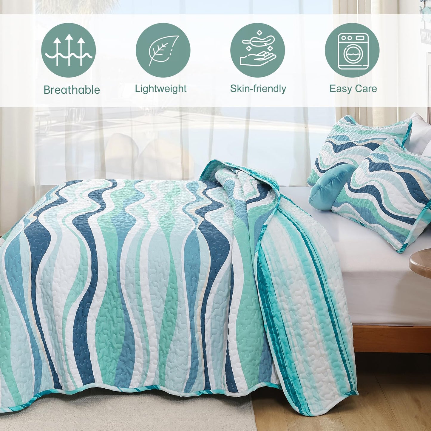 DJY Green Seawaves Ocean Quilt Set King Coastal Beach Theme Quilt Coverlet Soft Microfiber Reversible Bedspread with 2 Pillow Shams 3 Pieces Nautical Stripe Bedding Quilt for All Season 104"x90"